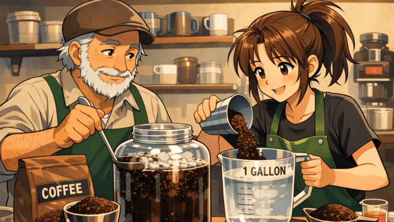 1 Gallon Cold Brew Coffee Recipe: Ratio, Grind, and Storage Coarse coffee grounds and cold water in a gallon jar for cold brew concentrate