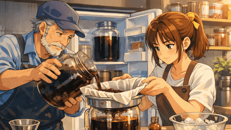 1 Gallon Cold Brew Coffee Recipe: Ratio, Grind, and Storage Cold brew concentrate being strained through a lined sieve
