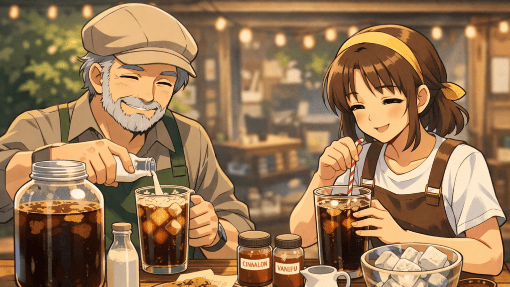 Finished cold brew coffee served with ice and milk