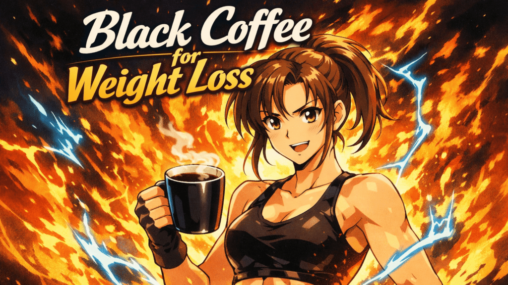 Fit anime character holding a cup of black coffee with fiery energy swirling behind them, with the headline 'Black Coffee for Weight Loss'.