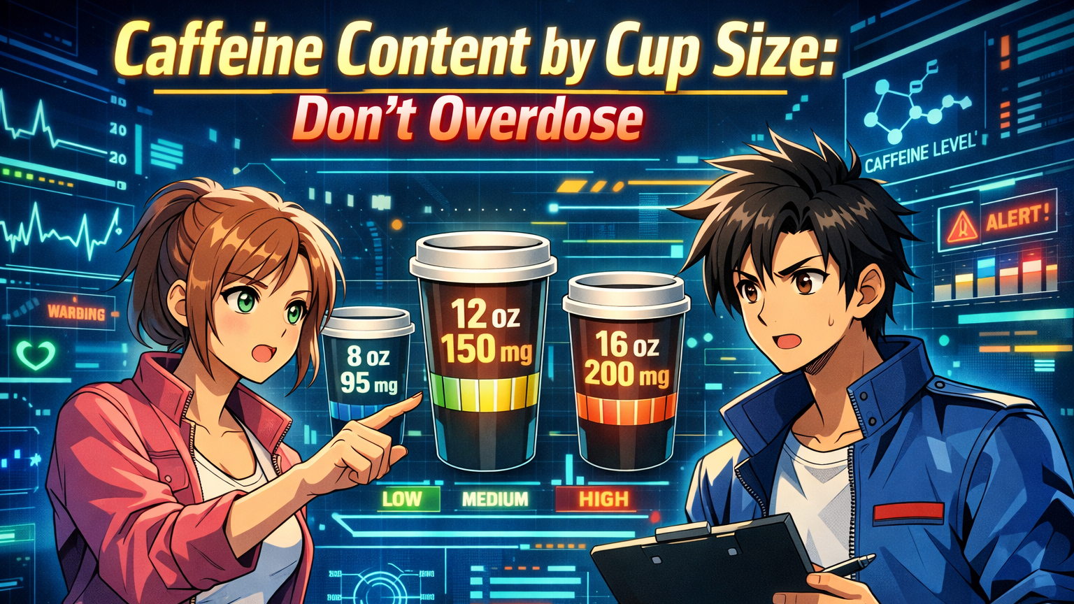 Two anime characters analyzing caffeine content in coffee cup sizes with a futuristic HUD display and headline text "Caffeine Content by Cup Size: Don’t Overdose"