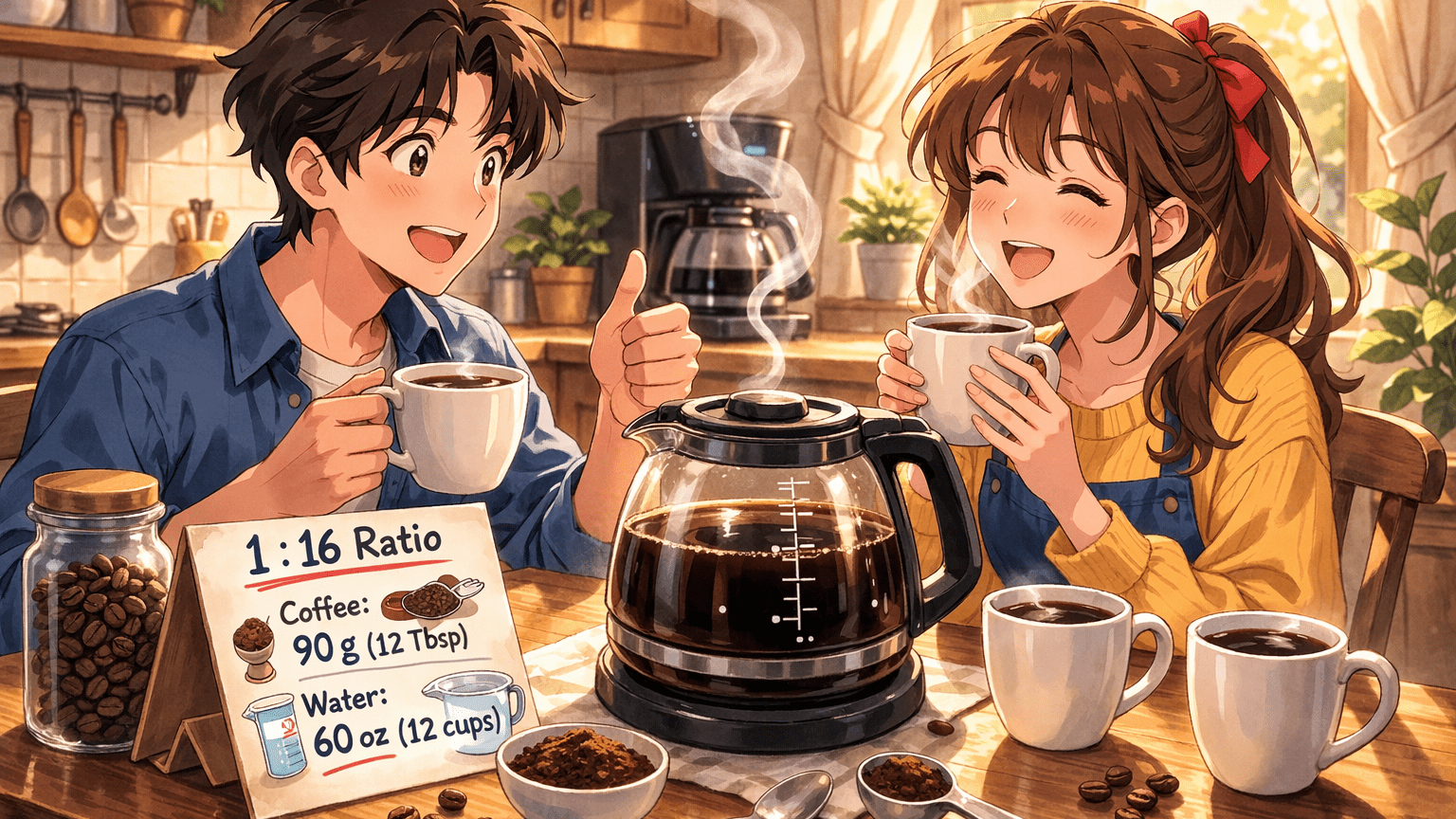 Anime characters enjoying a full 12‑cup pot brewed with a 1:16 ratio while a ratio card displays 90 grams of coffee and 60 ounces of water