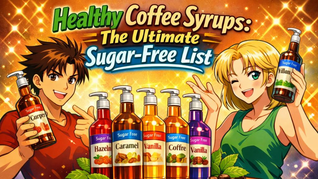 Two Anime Characters With Colorful Bottles Of Sugar-Free Coffee Syrup And Headline Text 'Healthy Coffee Syrups: The Ultimate Sugar-Free List'.