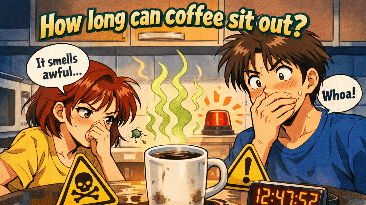 Anime-style illustration of a woman and a man holding their noses as they look at a coffee cup that’s been sitting out too long, with green stink lines, caution signs and a digital timer showing 12:47:52.