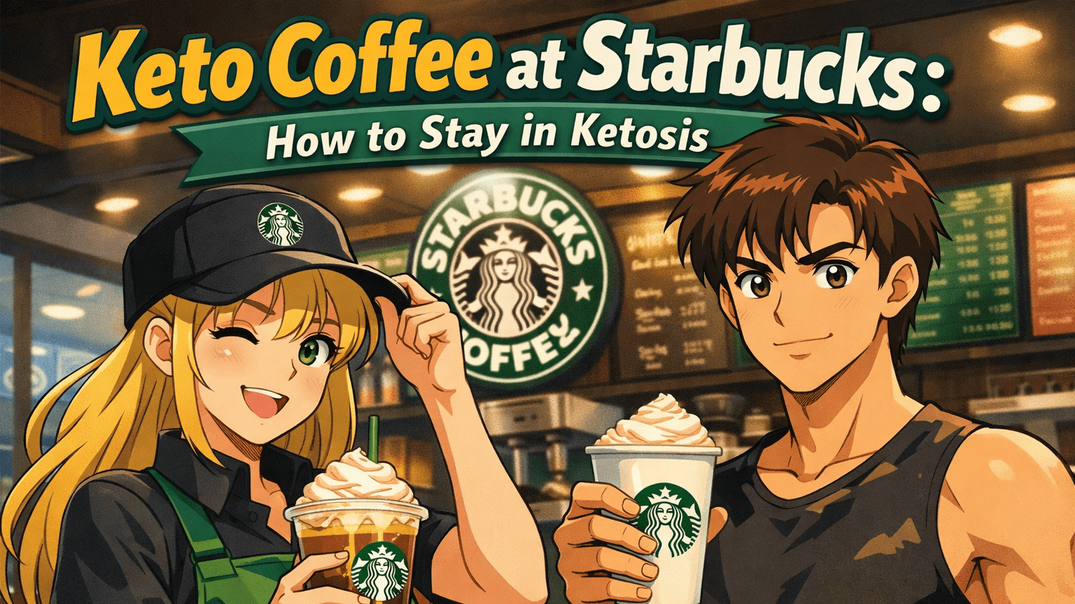Two anime characters enjoying keto-friendly Starbucks coffee drinks with whipped cream, and headline text 'Keto Coffee at Starbucks: How to Stay in Ketosis' in a 90s anime style.