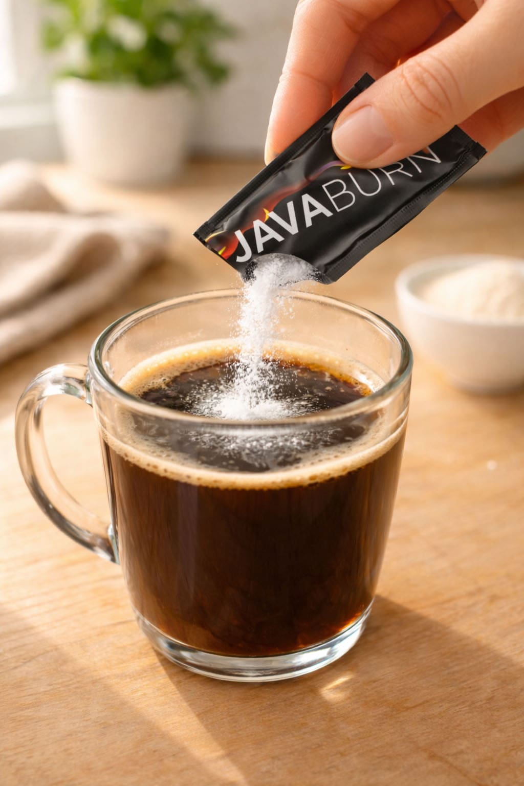Pouring Java Burn packet into coffee