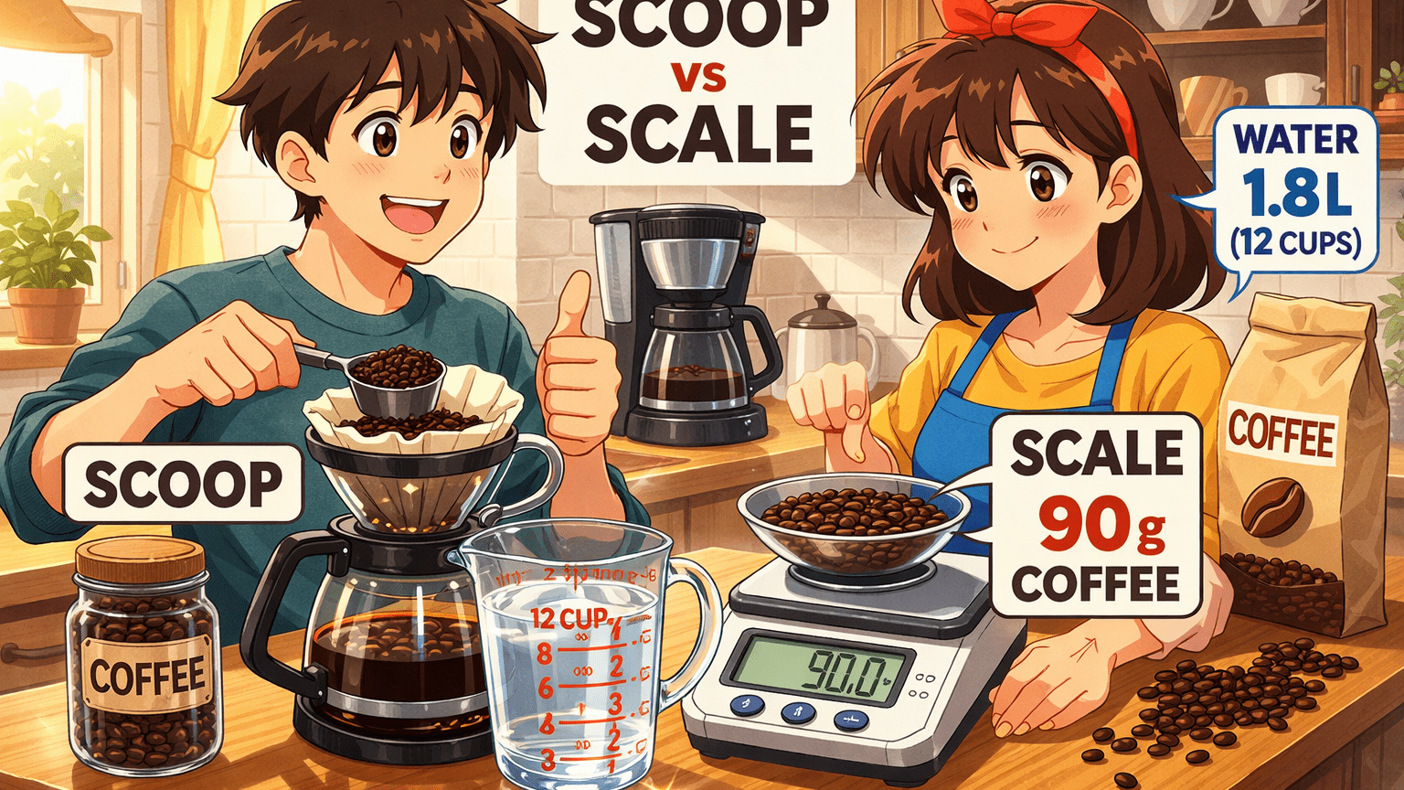 Two anime characters compare measuring coffee by scoop and by digital scale; one uses a scoop while the other uses a scale and a bowl of beans