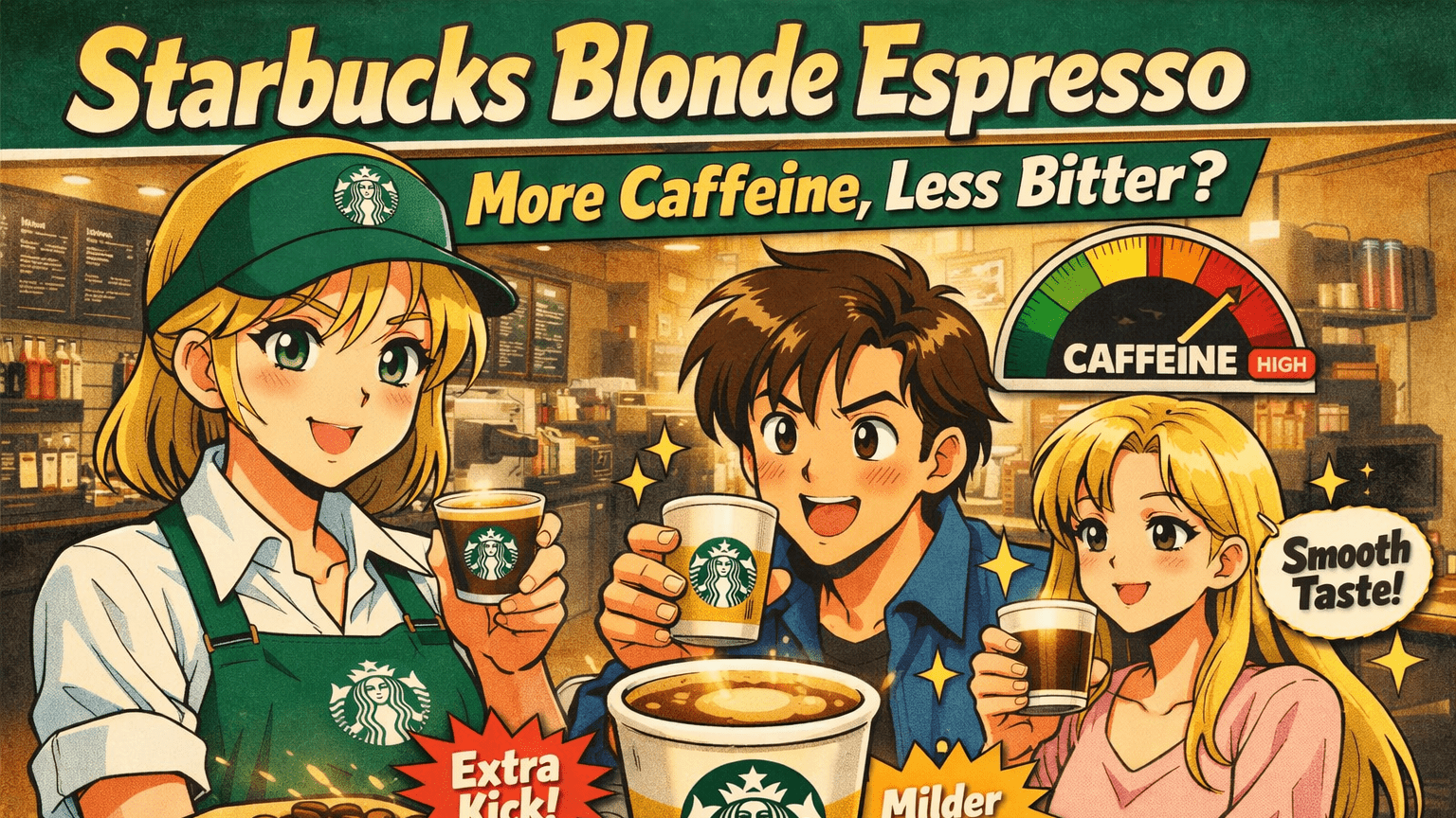 Anime-style illustration of two customers and a barista comparing Starbucks Blonde Espresso, with a headline reading 'Starbucks Blonde Espresso: More Caffeine, Less Bitter?' The image shows a caffeine meter and starbursts highlighting extra kick and smooth taste.