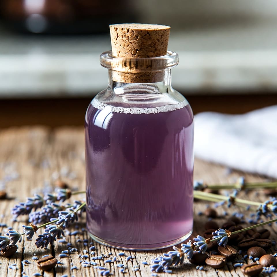 Homemade lavender coffee syrup in a glass jar with fresh lavender sprigs