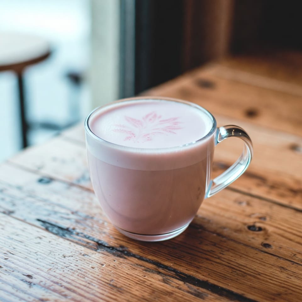 Rose water latte in a ceramic mug with floral garnish
