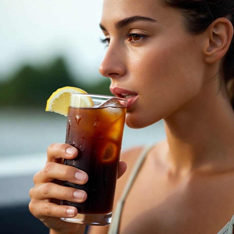 Freshly squeezed lemon juice being added to a glass of espresso over ice to make a Mazagran