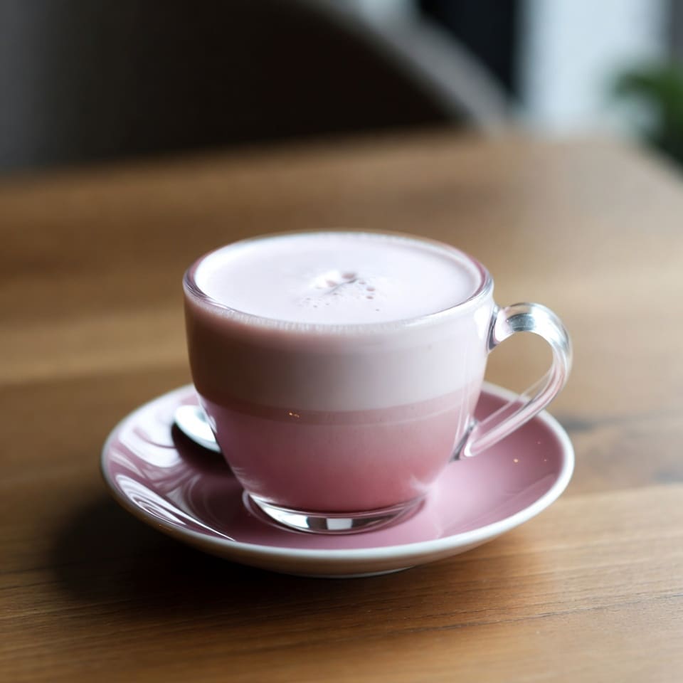 Rose water latte close-up with delicate foam and rose petal garnish