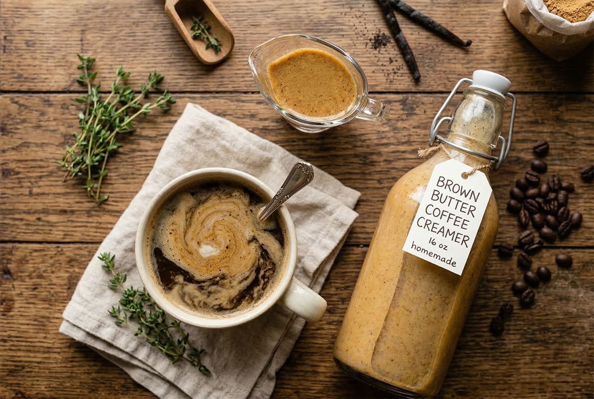 Brown butter coffee creamer in a glass jar, golden and rich