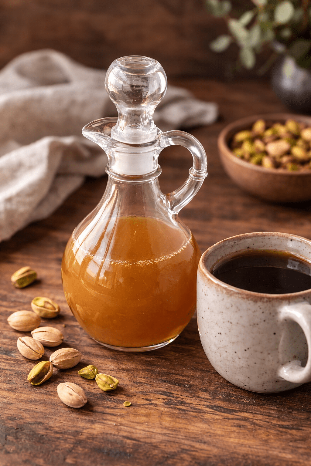 Pistachio coffee syrup being poured over iced coffee in a glass
