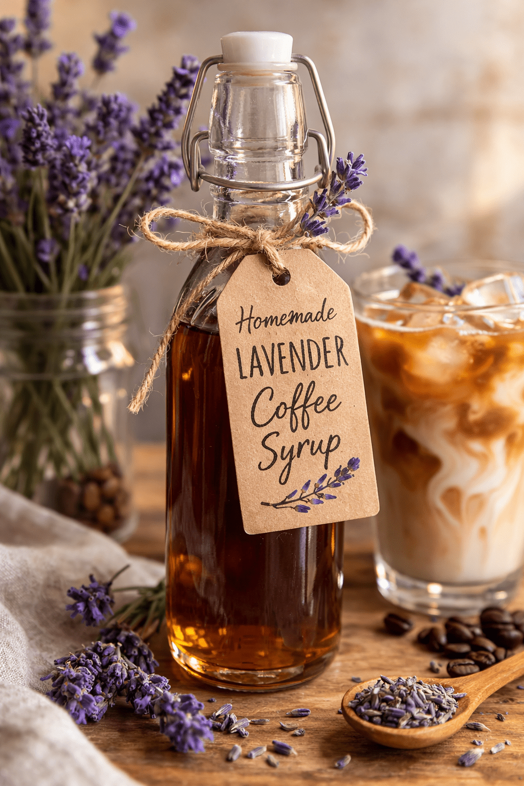 Lavender latte with syrup and steamed milk, topped with a lavender sprig