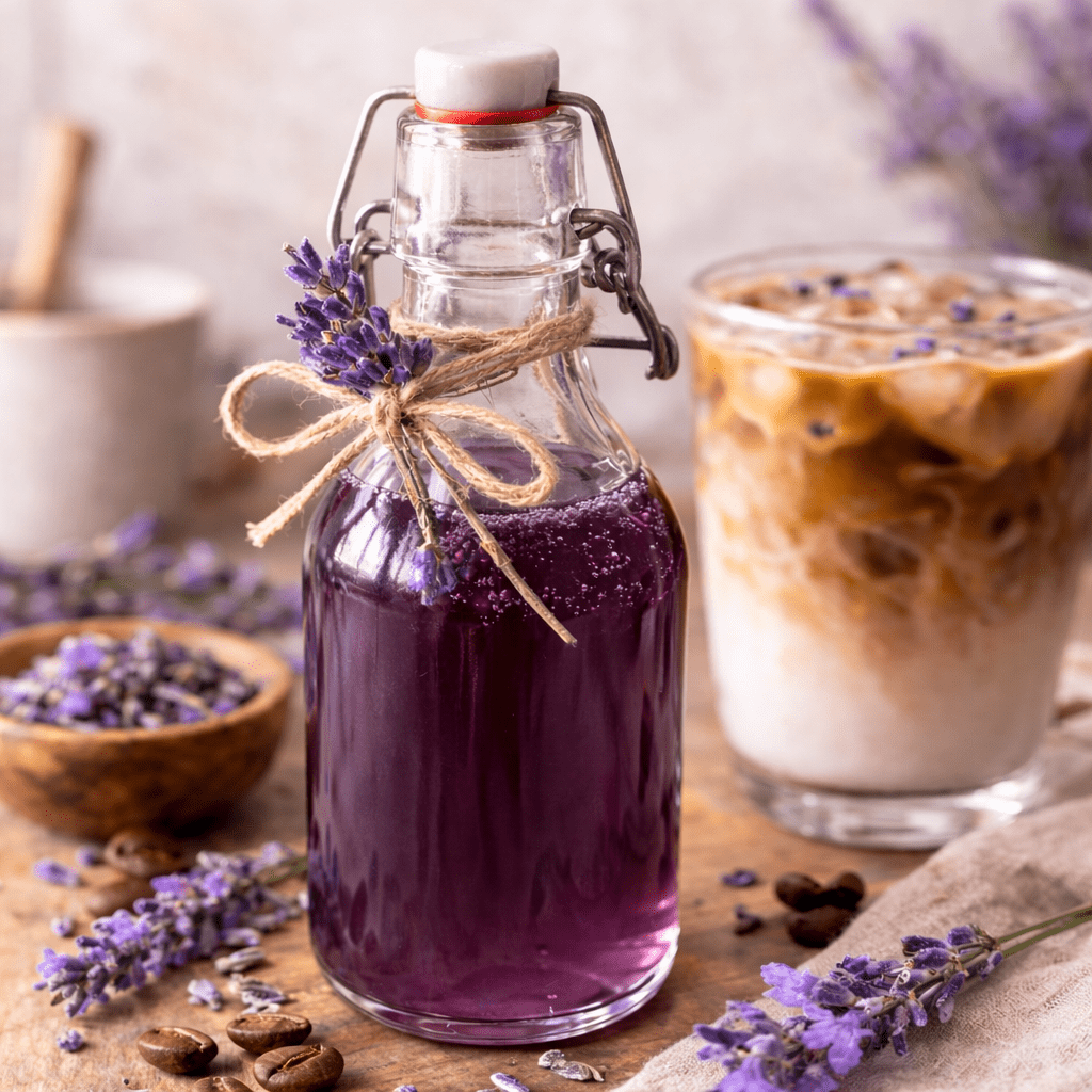 Homemade lavender coffee syrup &mdash; finished recipe poured over a latte