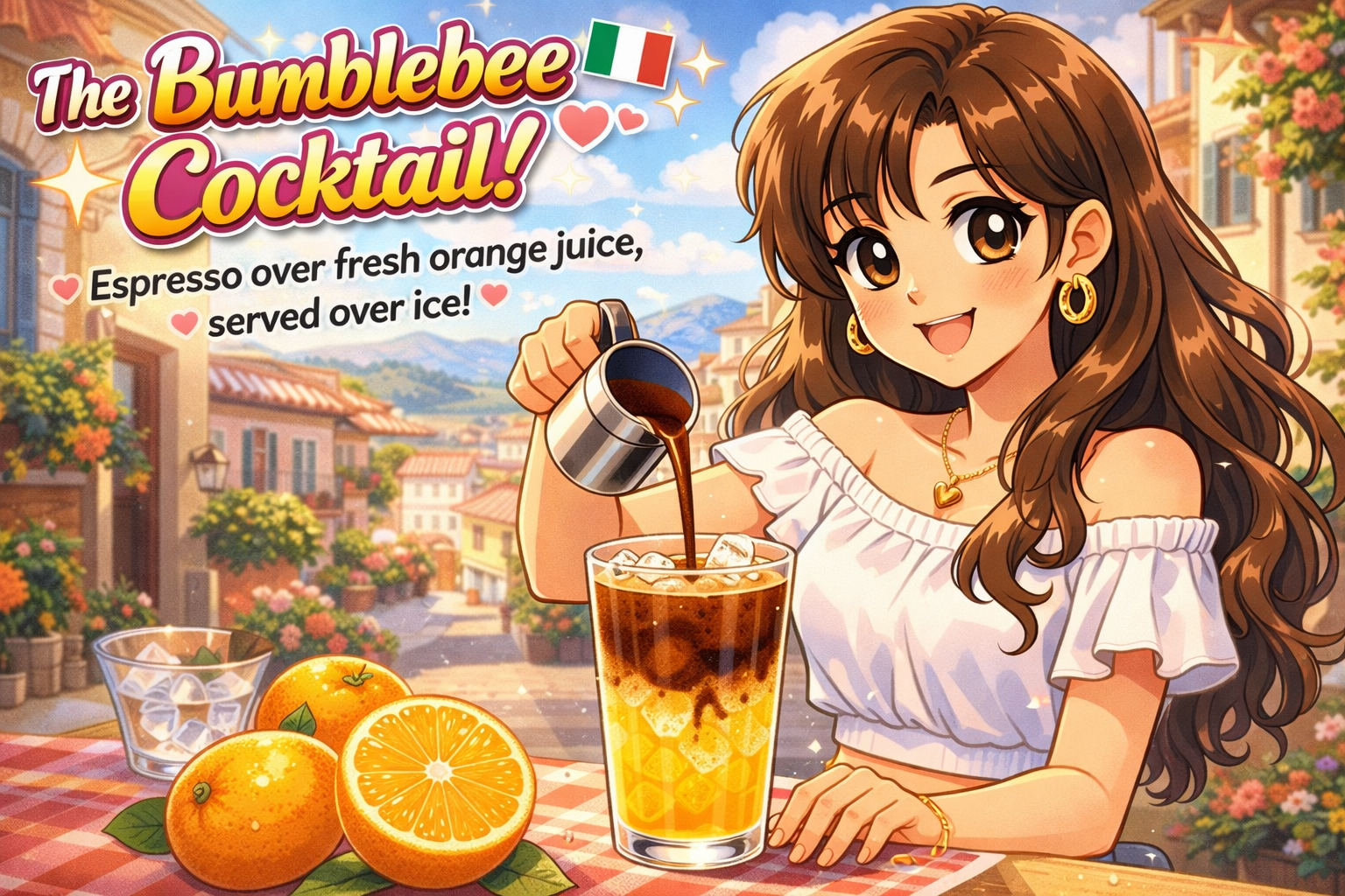 Colorful cocktail with oranges and espresso.
