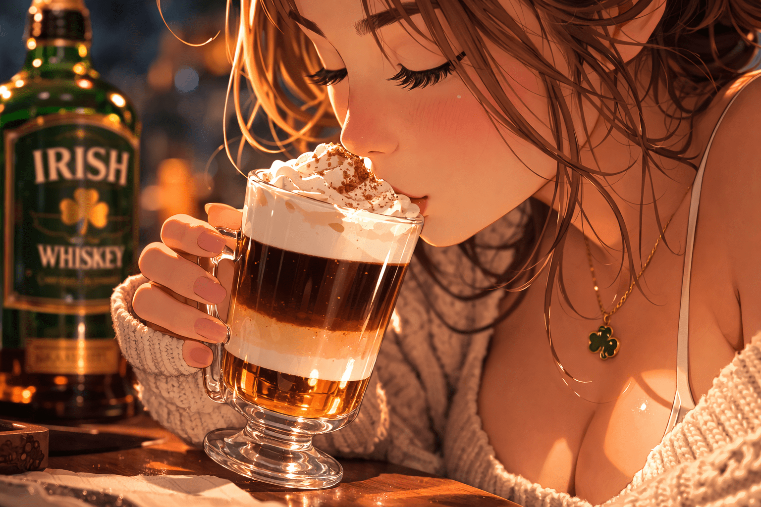 Authentic Irish Coffee with cream floating on top in a tulip glass