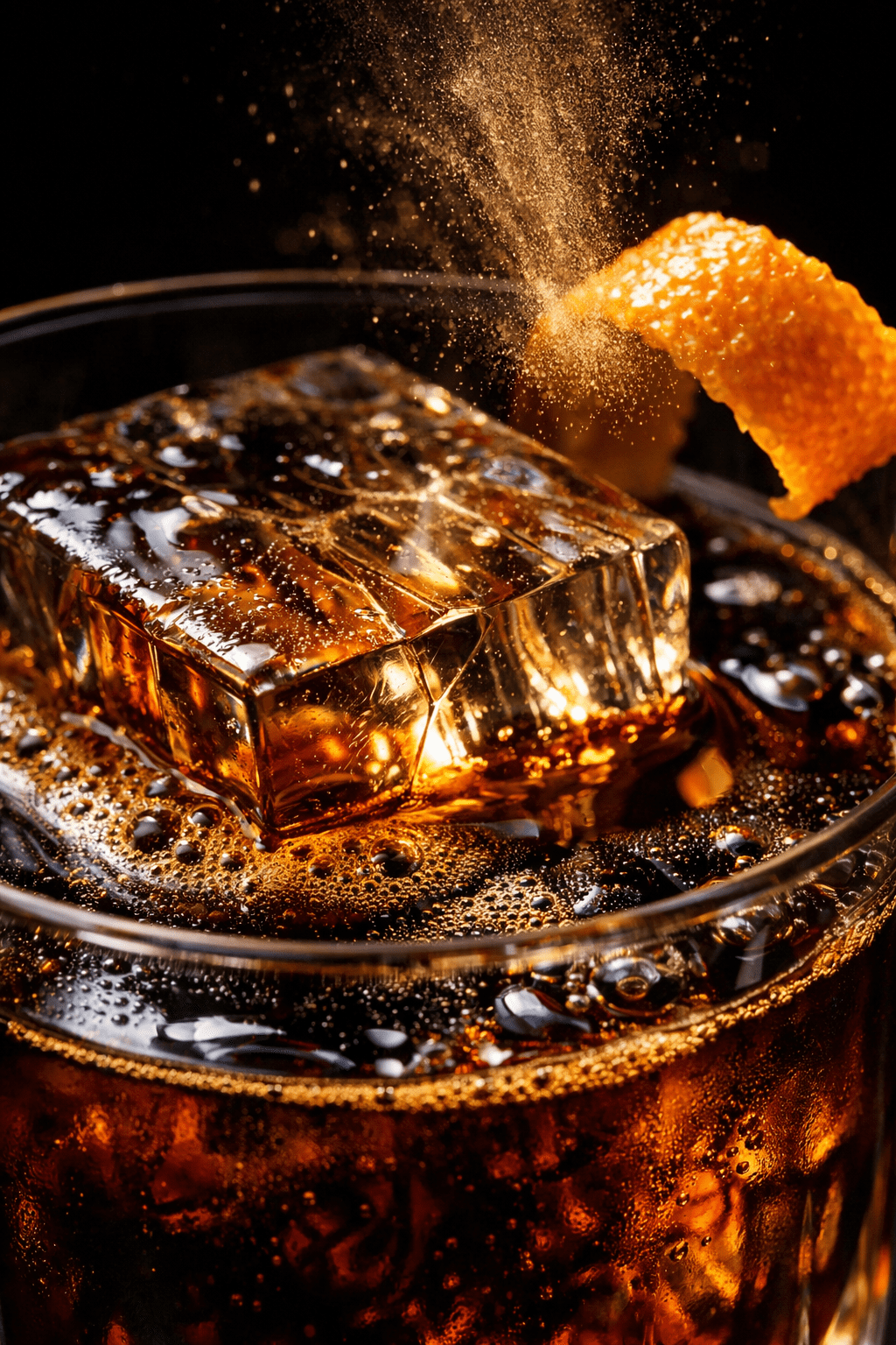 Orange peel being expressed over a Coffee Old Fashioned