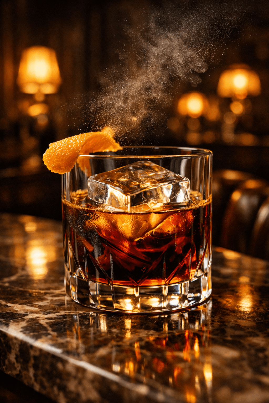 Large clear ice cube in a rocks glass with Coffee Old Fashioned