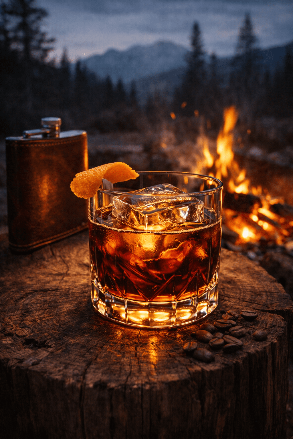 Coffee Old Fashioned with large clear ice cube and orange peel garnish