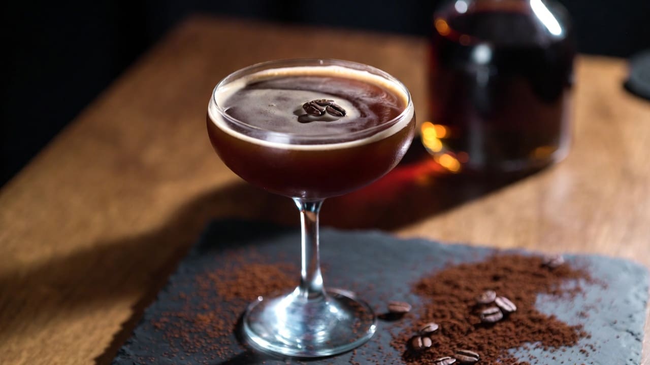 The Revolver cocktail in a chilled coupe glass &mdash; bourbon, coffee liqueur, and expressed orange peel