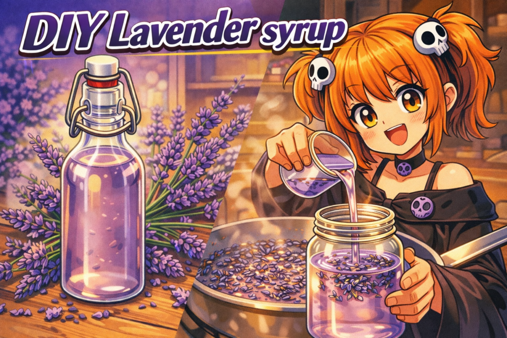 Girl making lavender syrup illustration.