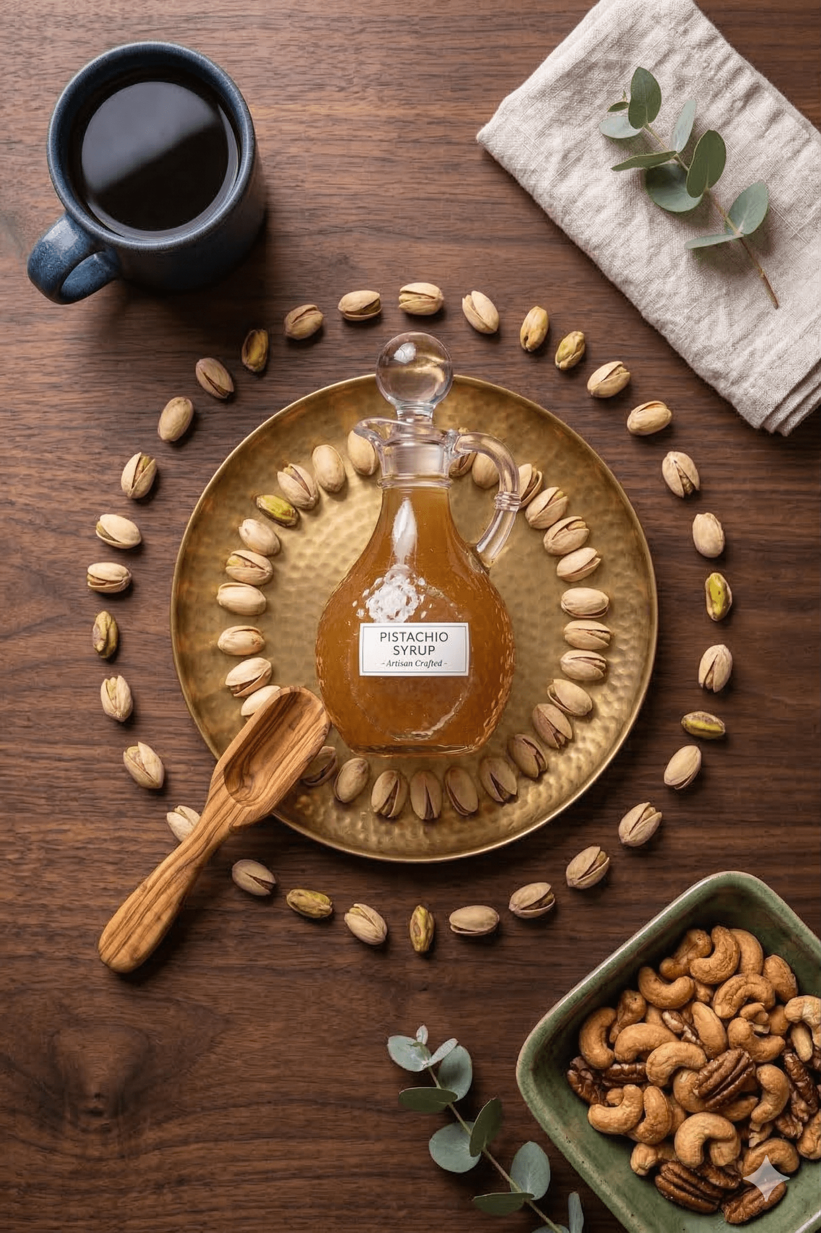 Homemade Pistachio Coffee Syrup In A Glass Bottle, Rich Green-Gold Color