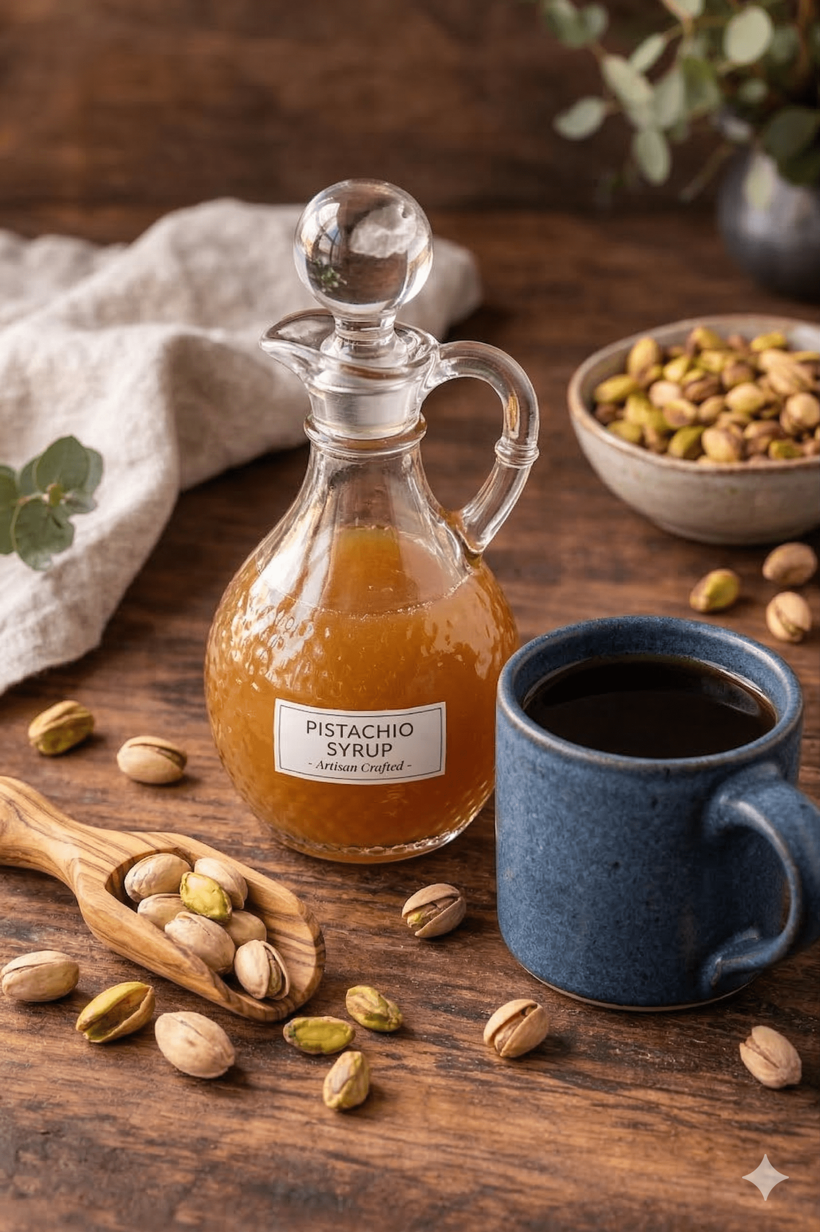 Diy Pistachio Coffee Syrup Recipe — Final Result Poured Into A Latte