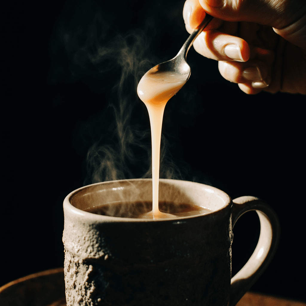 Cheese pull from a mug of Colombian coffee — melted mozzarella stretching upward on a spoon