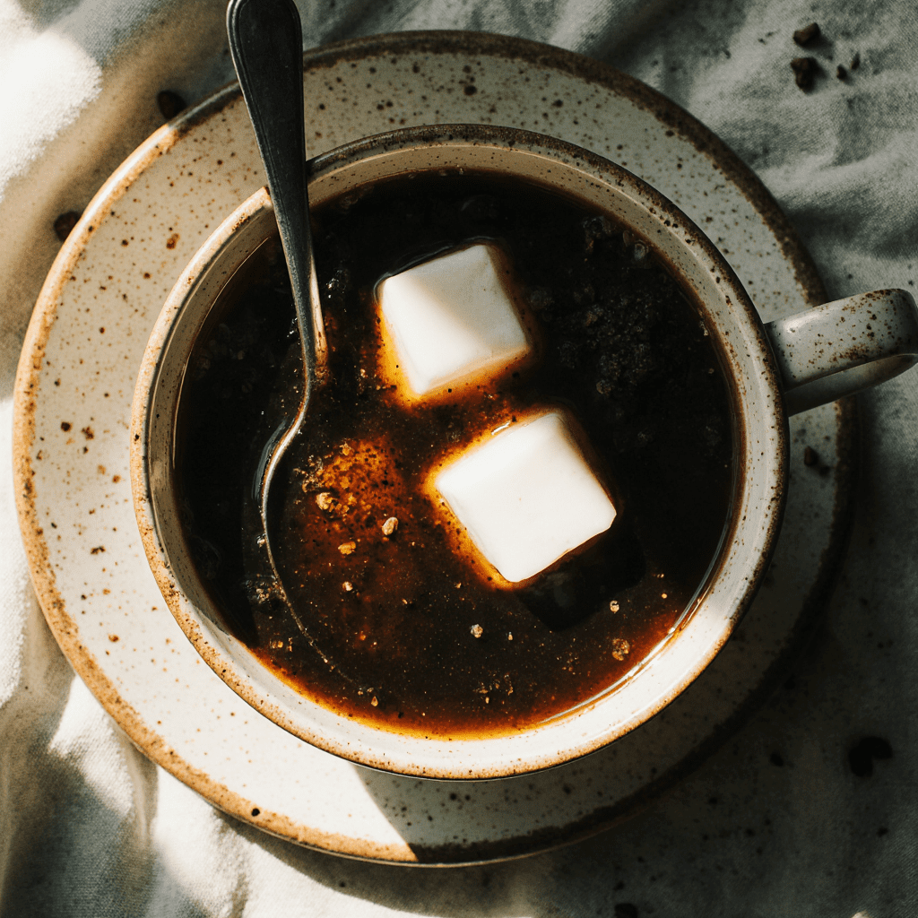 Café con Queso — cheese cubes melting into dark Colombian coffee in a ceramic mug