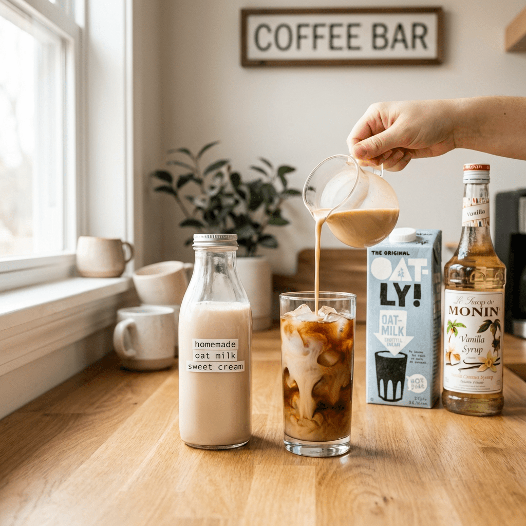 Homemade oat milk sweet cream in a jar, ready to pour over iced coffee