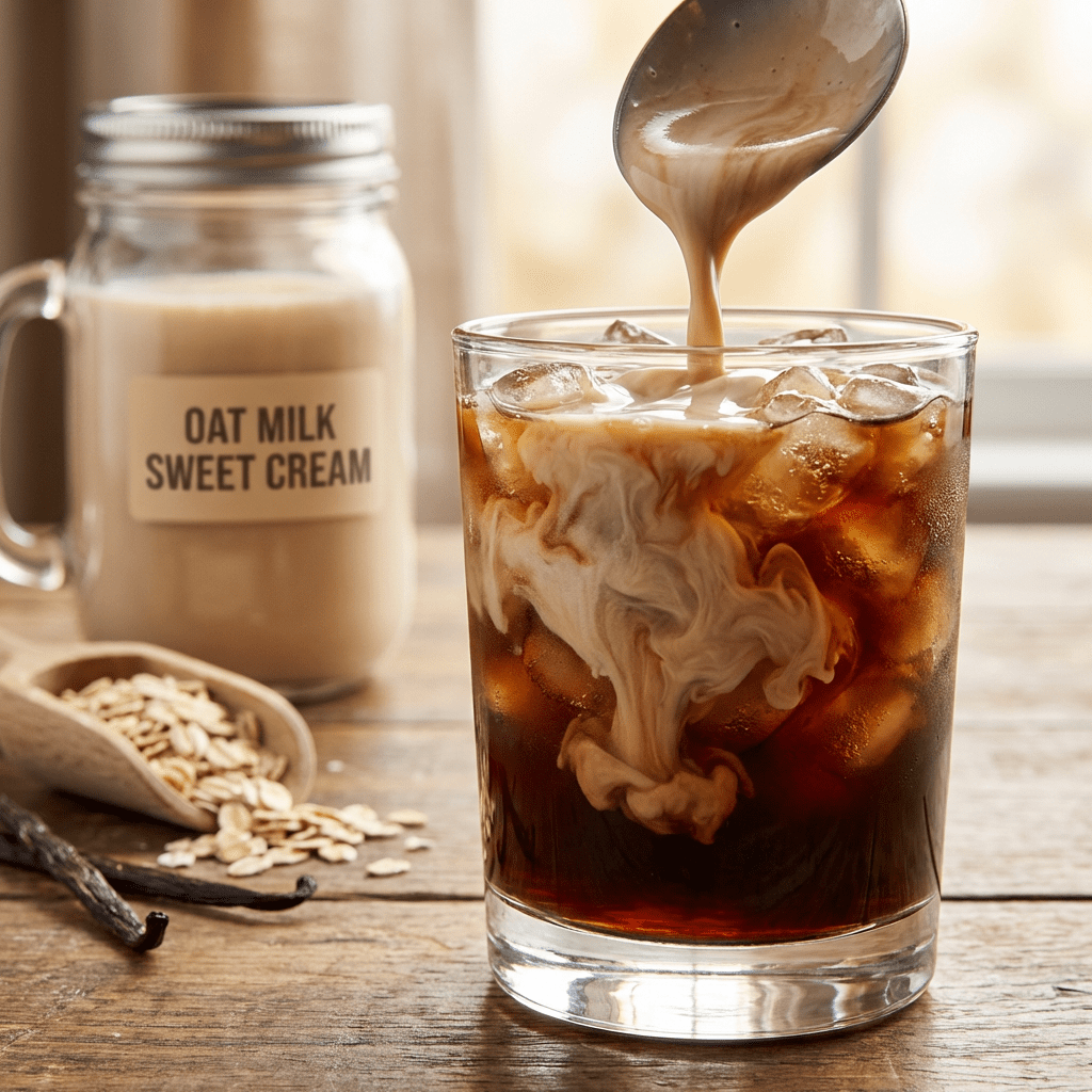Oat milk, coconut oil, xanthan gum, lecithin, vanilla syrup, and baking soda — the six ingredients for dairy-free sweet cream