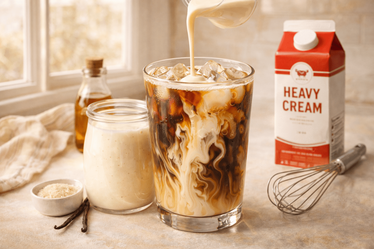 Homemade Starbucks vanilla sweet cream in a glass jar, ready to pour