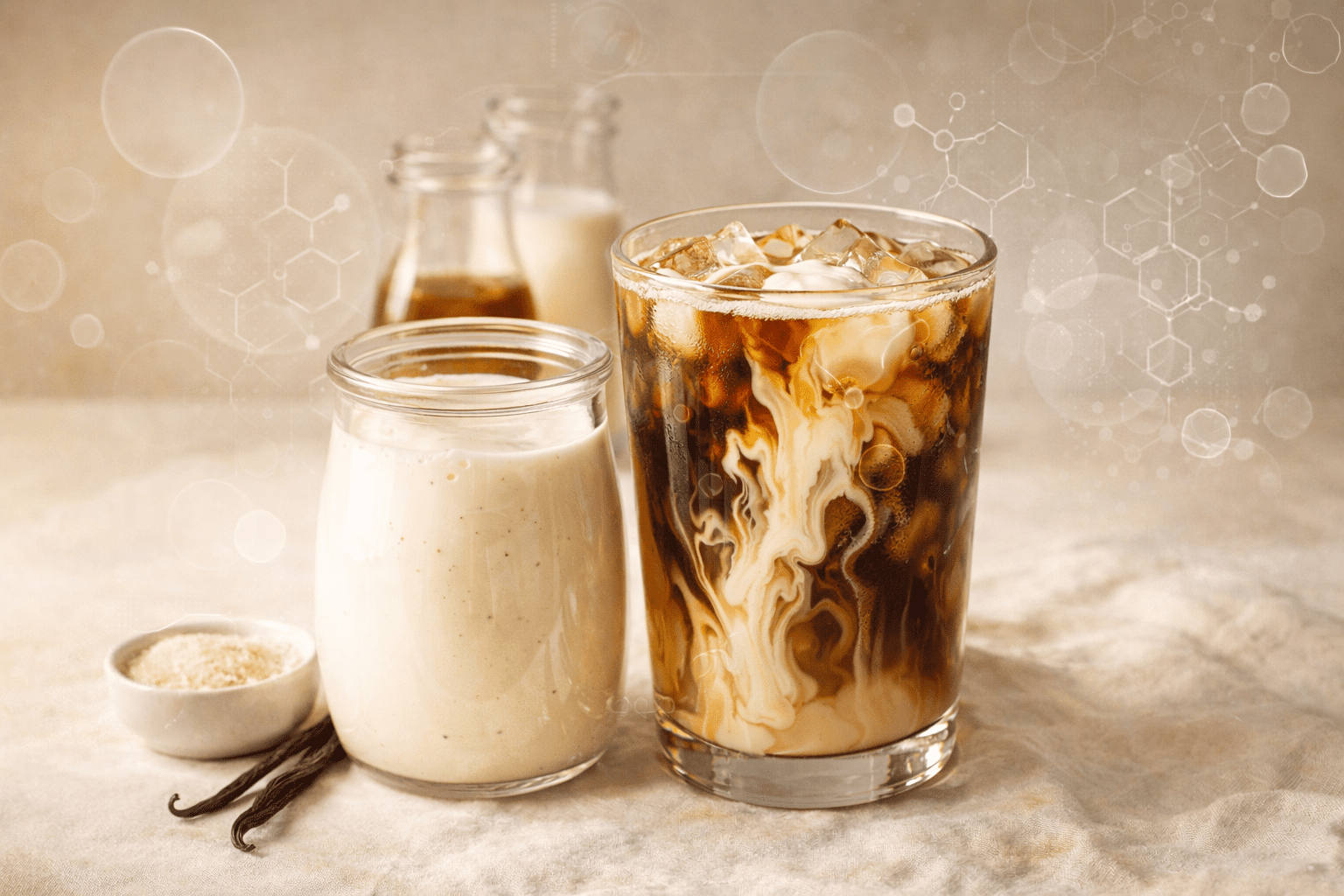 Heavy cream, whole milk, and vanilla syrup measured out &mdash; the three components of lipid viscosity