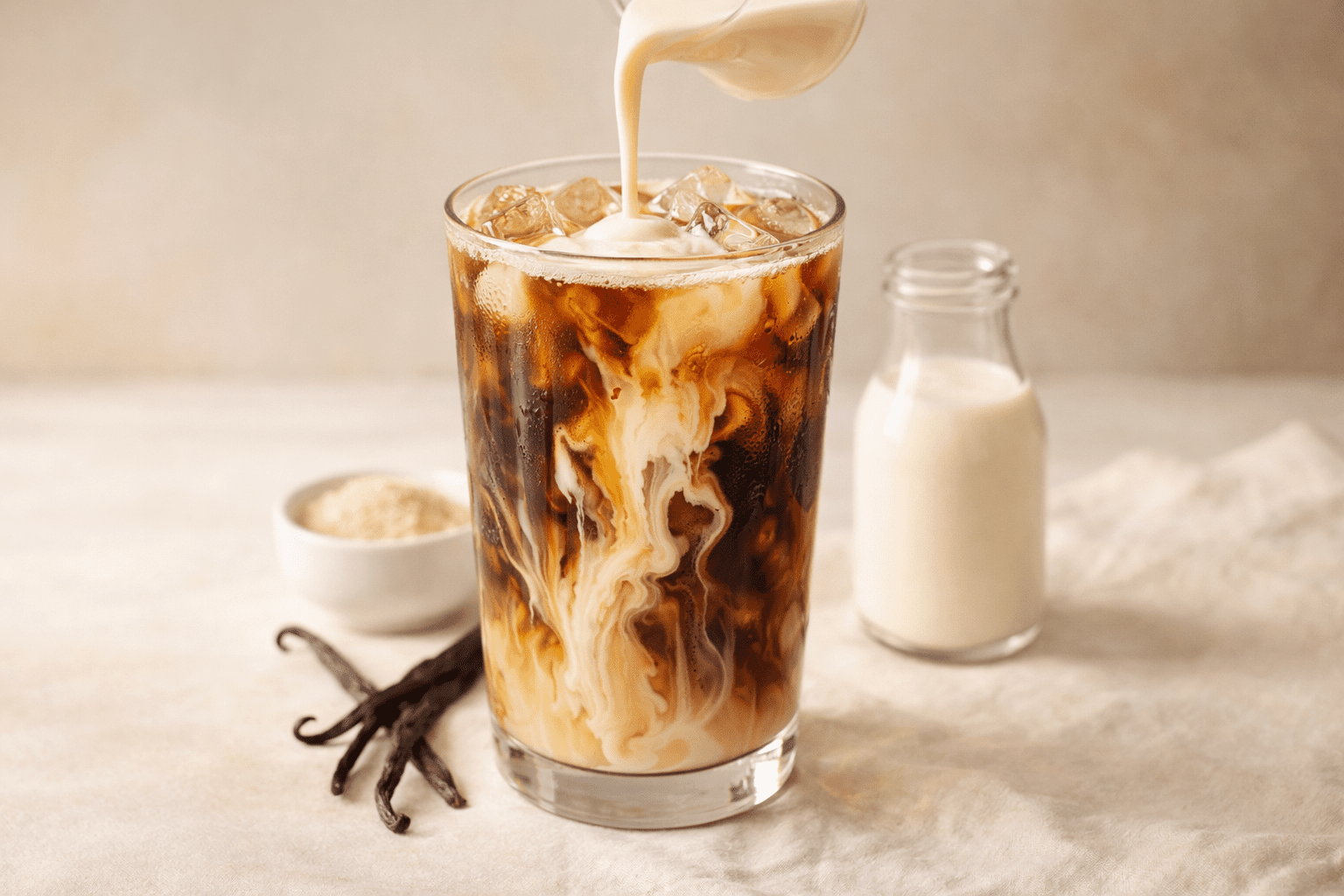 Whisking vanilla sweet cream in a bowl &mdash; the emulsification step that builds texture