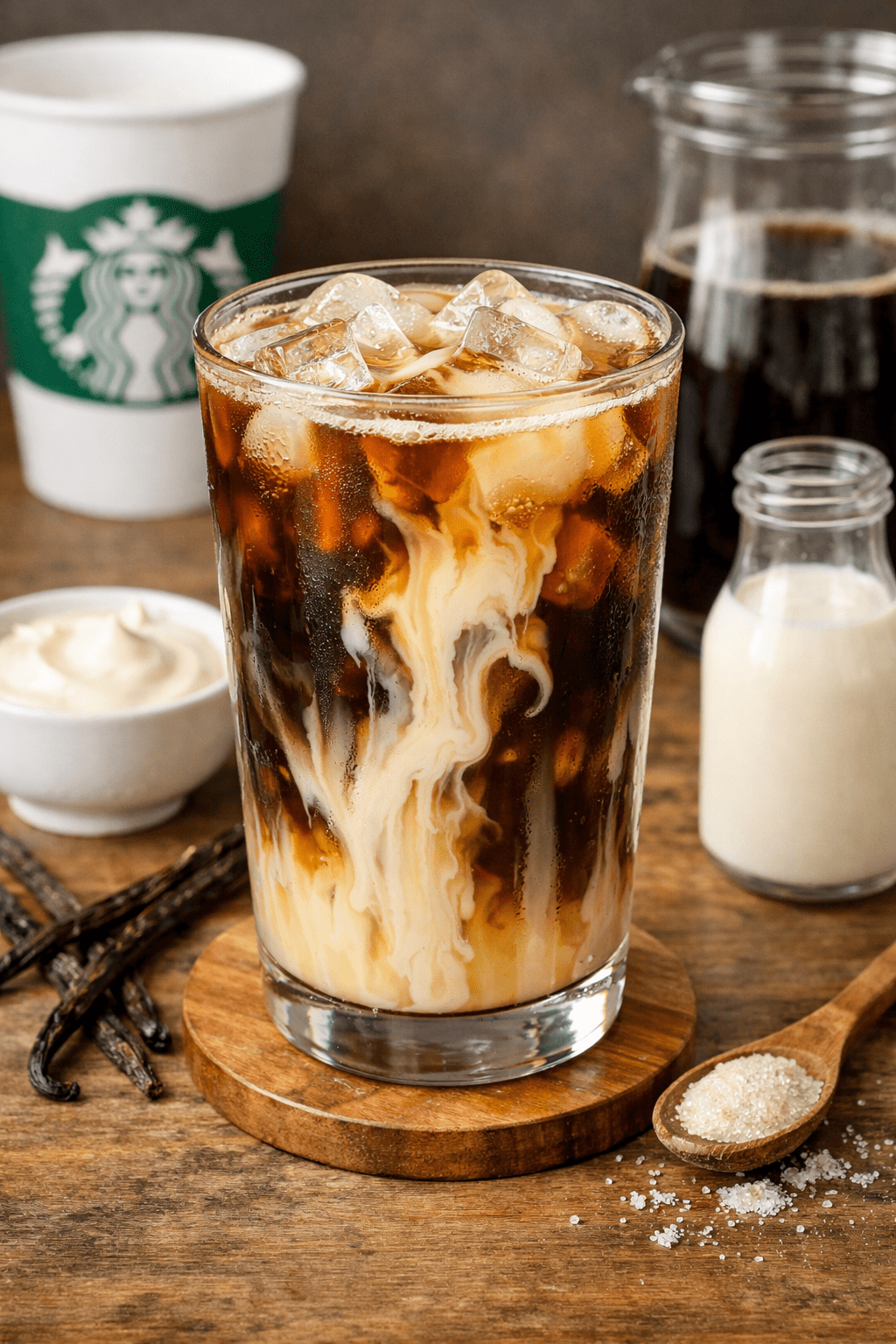 Homemade Starbucks vanilla sweet cream &mdash; finished recipe, poured over iced coffee