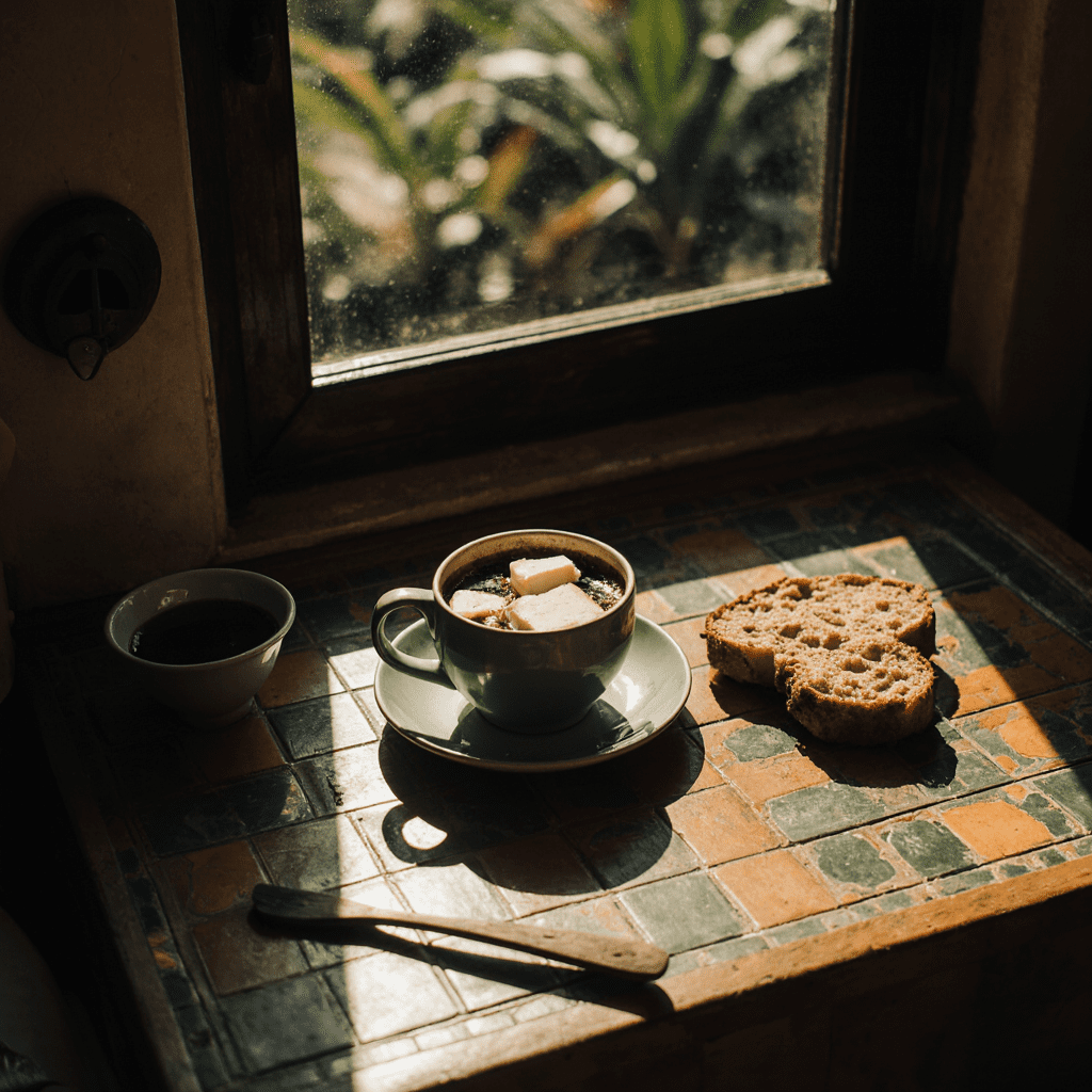 Rustic wooden breakfast table in a Colombian Andean kitchen with morning light, mug of coffee, cheese, and almojábana bread