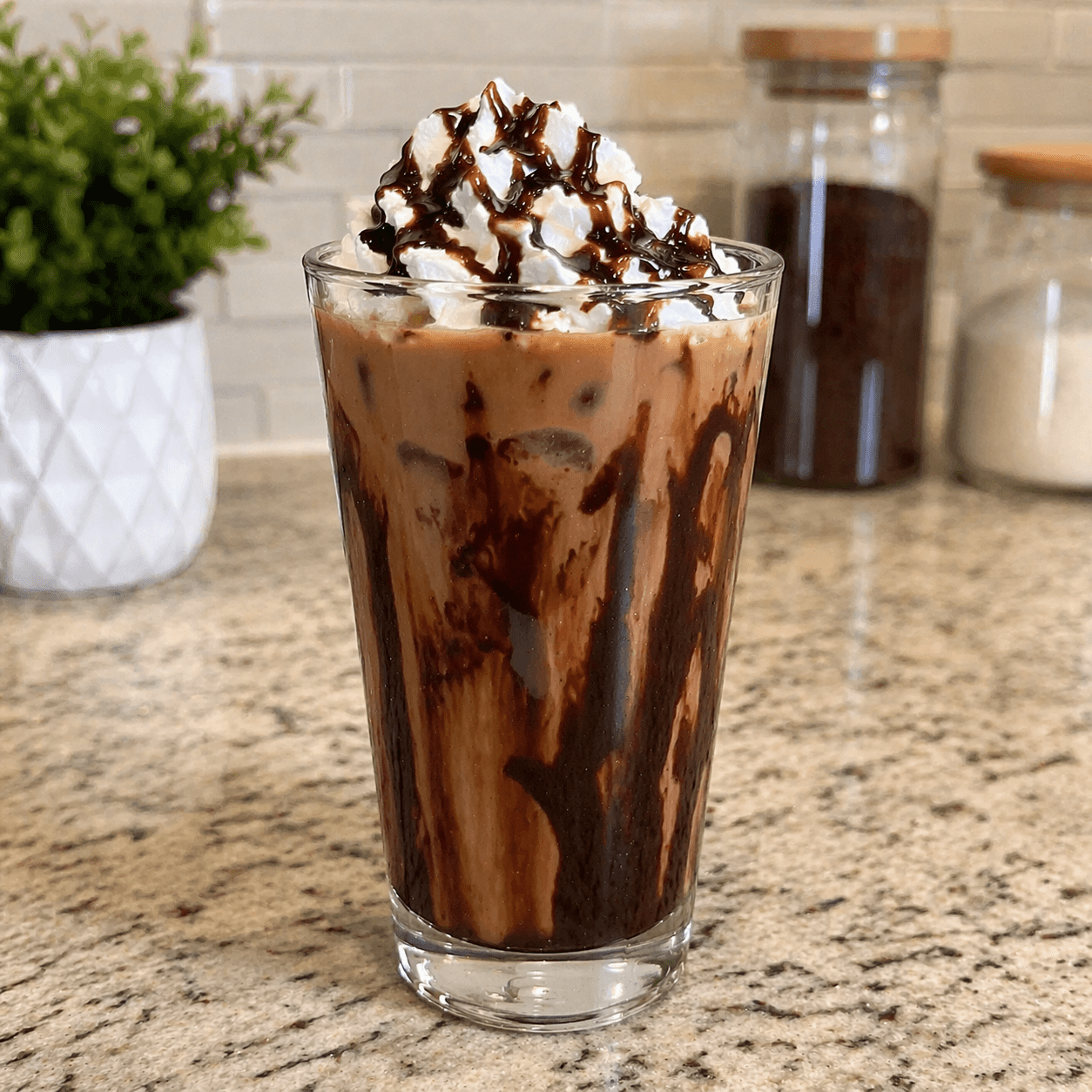 7 Brew Brunette Mocha — iced drink with whipped cream and caramel drizzle
