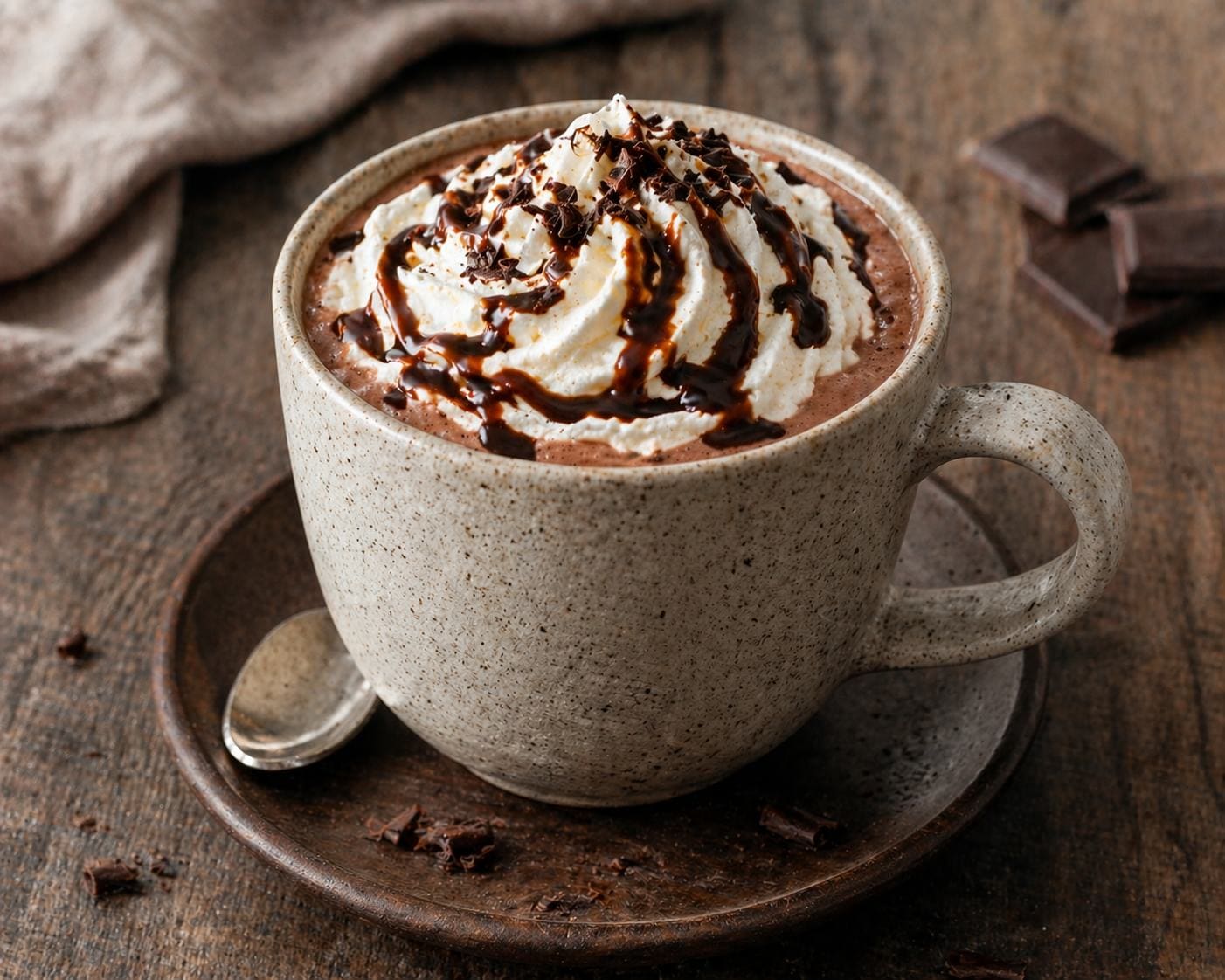 A mocha latte with chocolate swirl in a ceramic cup