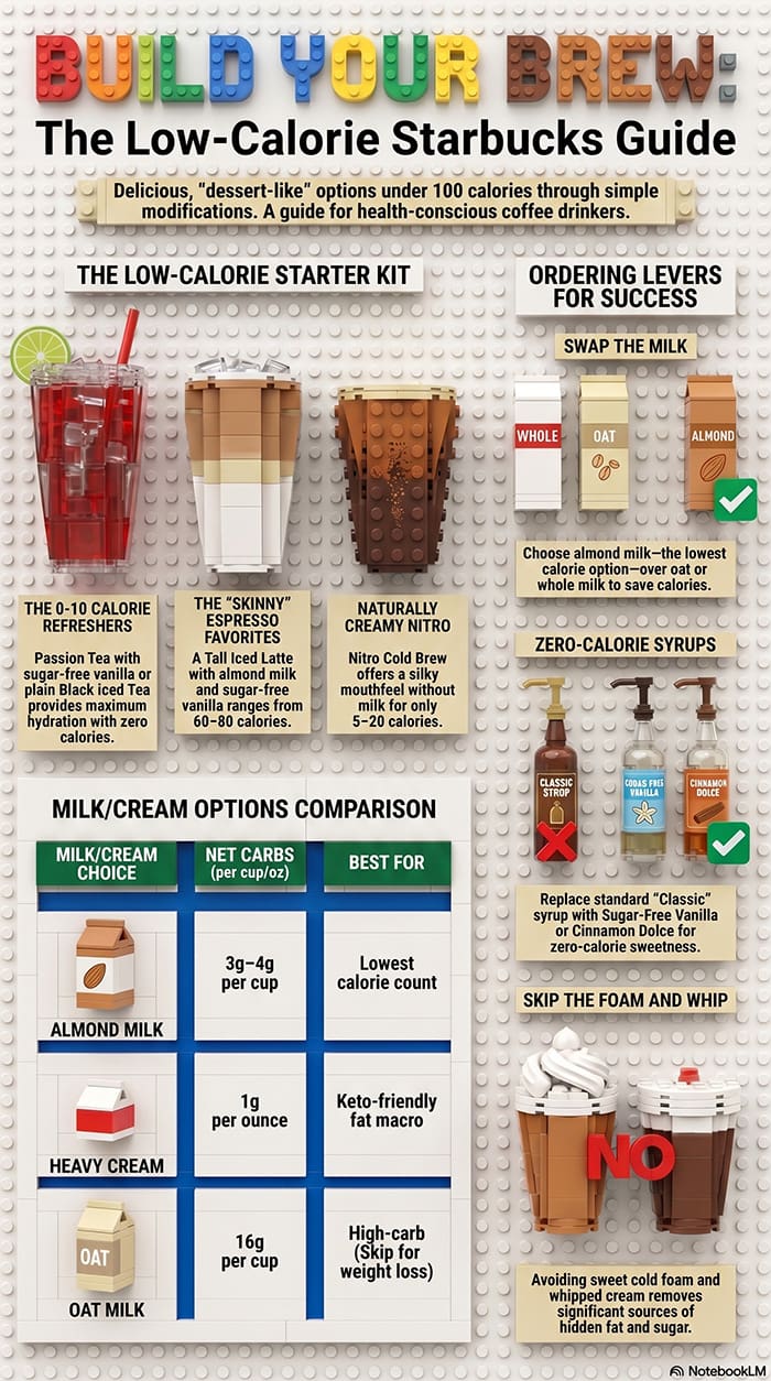 Starbucks calorie calculator infographic &mdash; visual breakdown of how size, milk, syrups, and add-ons shift drink calories