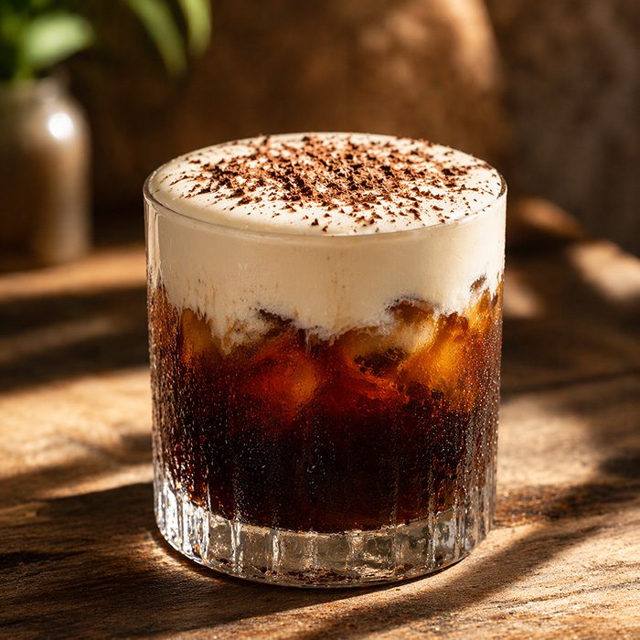 Tiramisu Cold Brew With Mascarpone Cold Foam And Cocoa Dusting In A Tall Glass