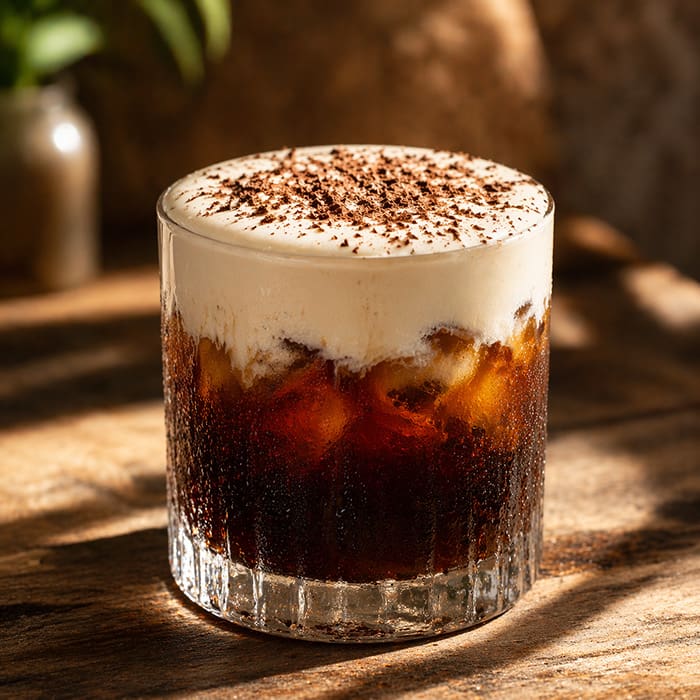 Tiramisu Cold Brew with mascarpone cold foam and cocoa dusting in a tall glass