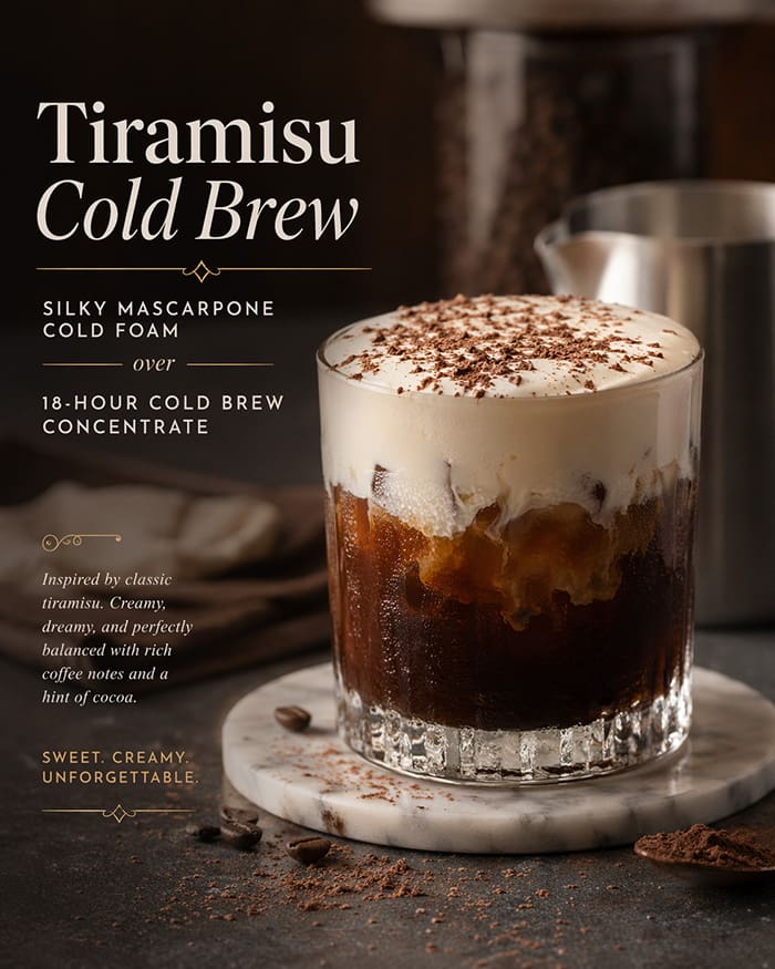 Tiramisu Cold Brew recipe infographic showing ingredients, steps, and finished drink