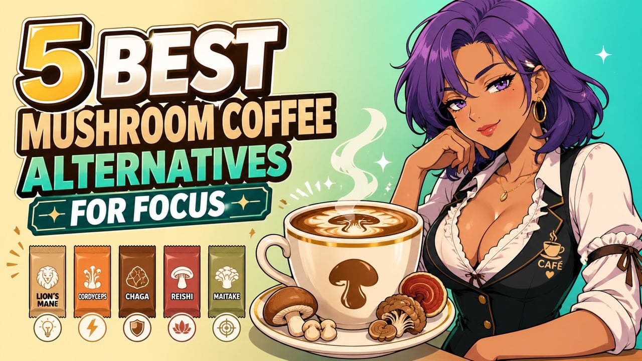 Anime-style featured image for 5 Best Mushroom Coffee Alternatives for Focus