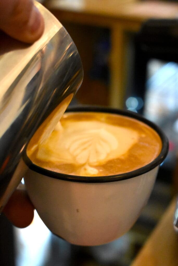 Mexican cafe con leche served in a traditional cup