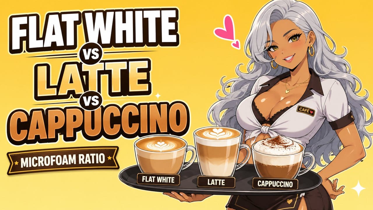 Anime-style featured image for Flat White vs. Latte vs. Cappuccino: Understanding the Microfoam Ratio