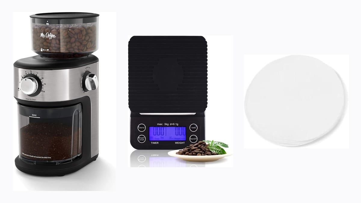 Mr. Coffee burr grinder, digital coffee scale, and round Yama paper filters for Kyoto-style cold drip coffee