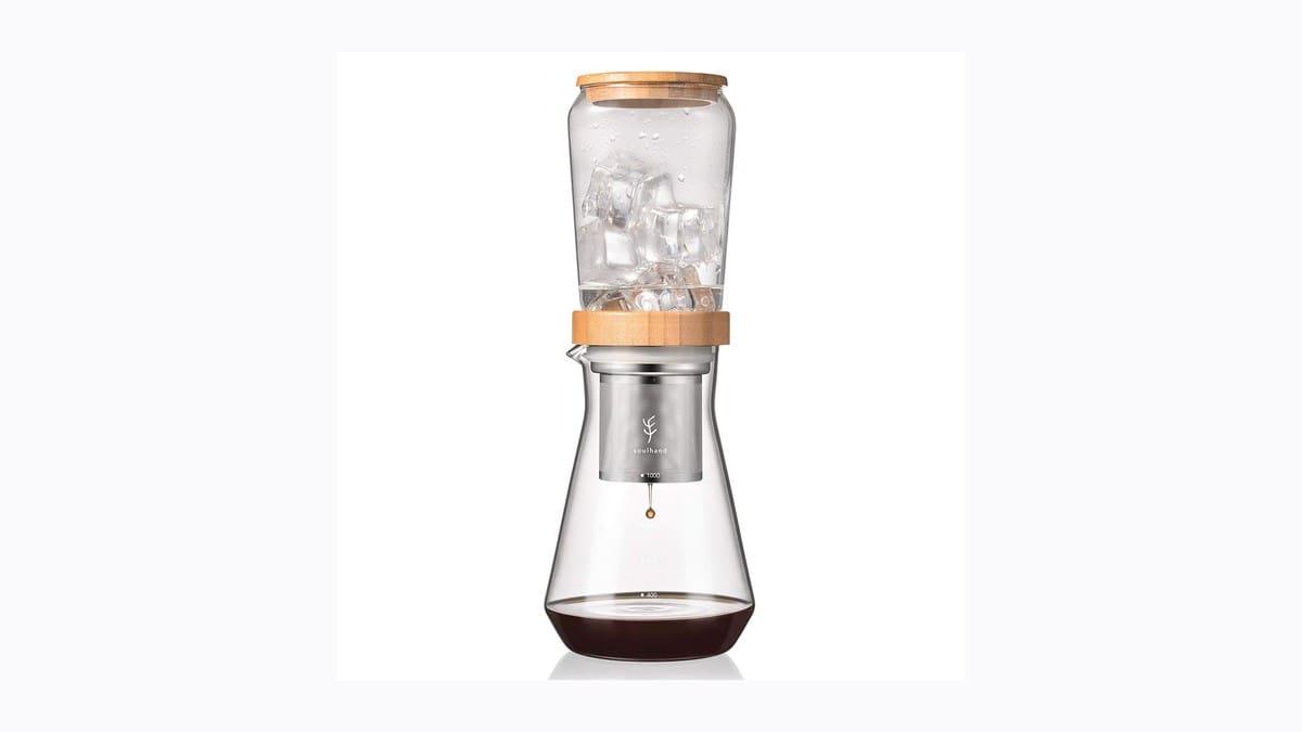 Soulhand iced coffee maker with glass chambers and bamboo accents