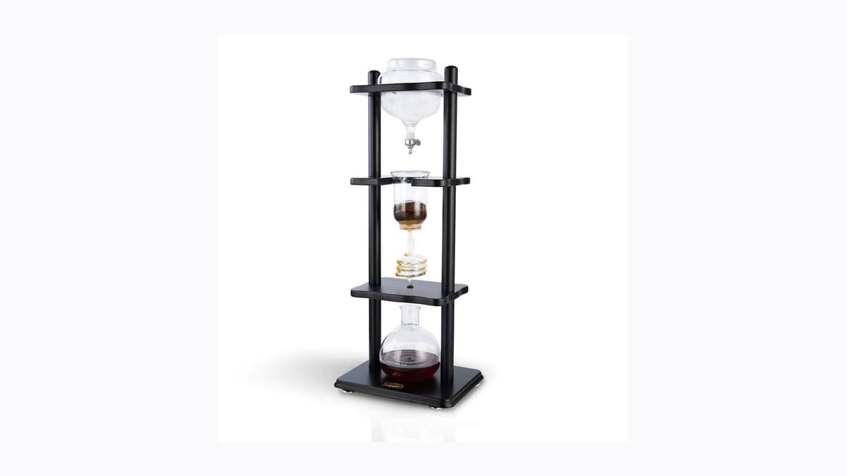 Yama Glass black frame cold brew tower with ice and coffee chambers